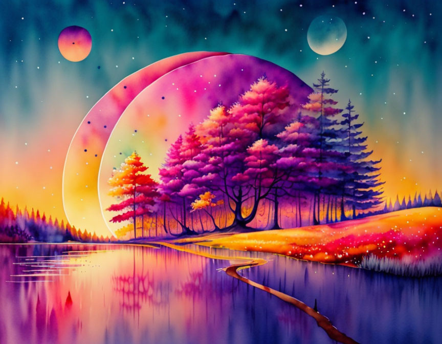 Colorful Fantasy Landscape with Reflective Lake and Two Moons