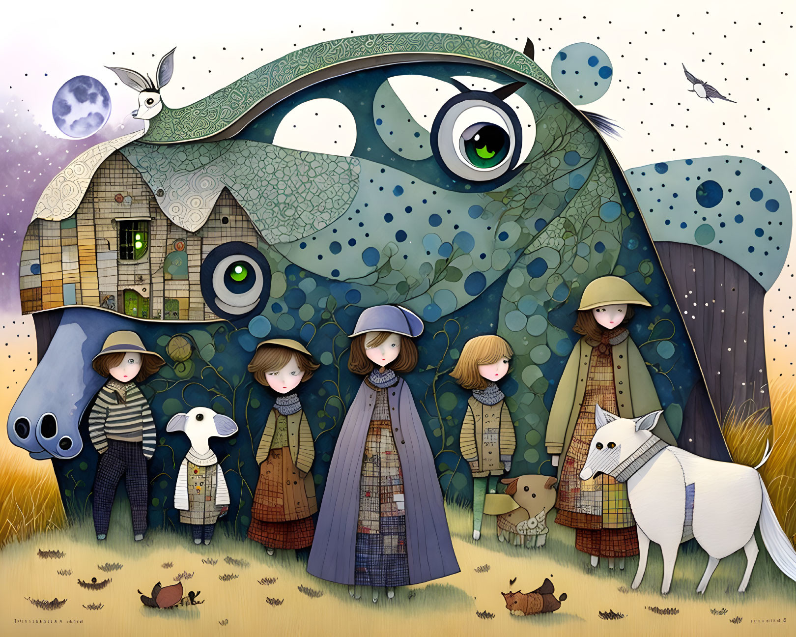 Whimsical character illustration with large creature and moonlit sky