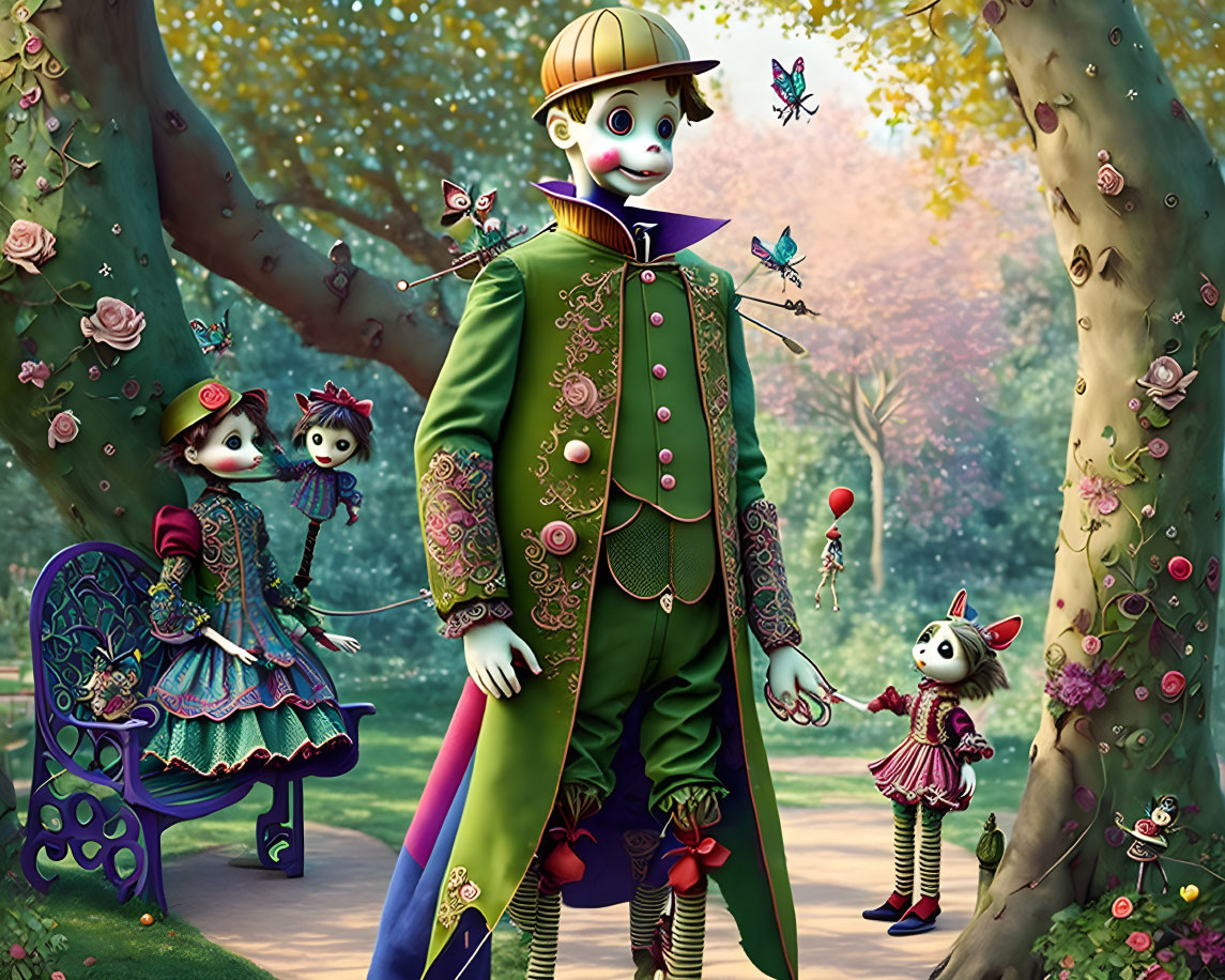 Colorful animated characters in enchanted forest with vibrant trees and whimsical fairy creatures.