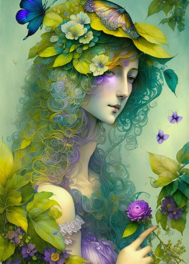 Illustration of woman with green, curly hair and nature-inspired theme.