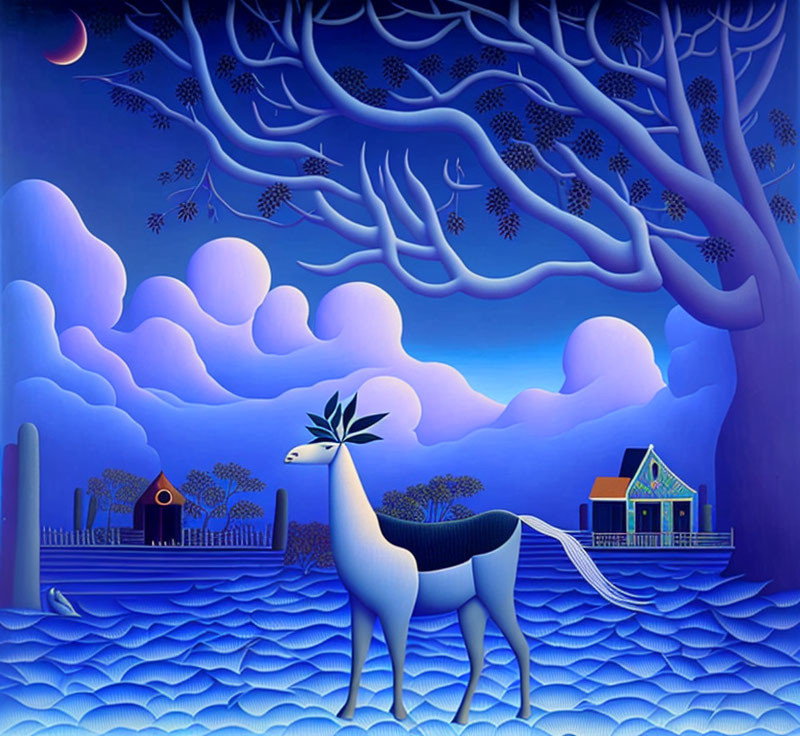 Stylized white deer with tree on back under blue night sky