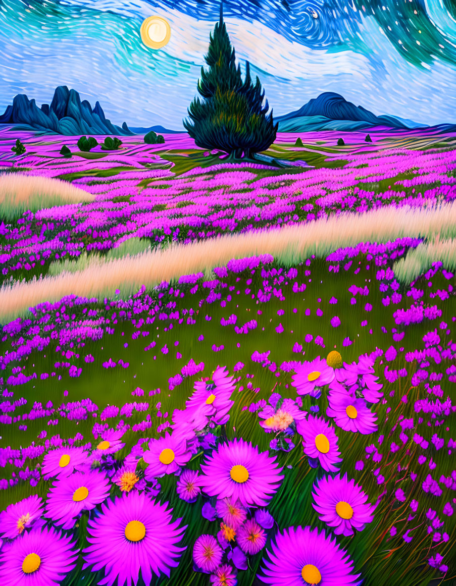 Colorful painting of purple flower field with swirling sky and central tree