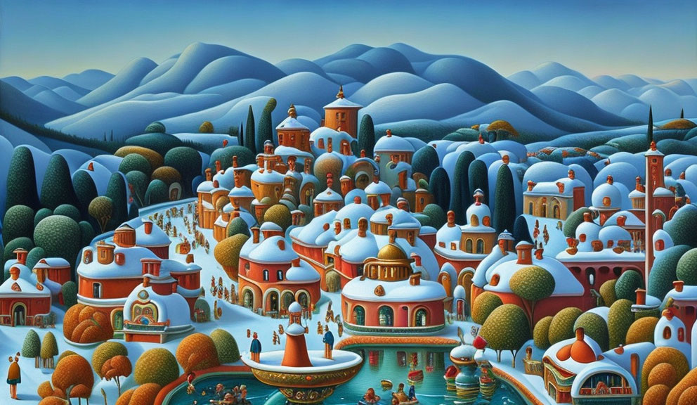 Vibrant painting of whimsical village and rolling hills