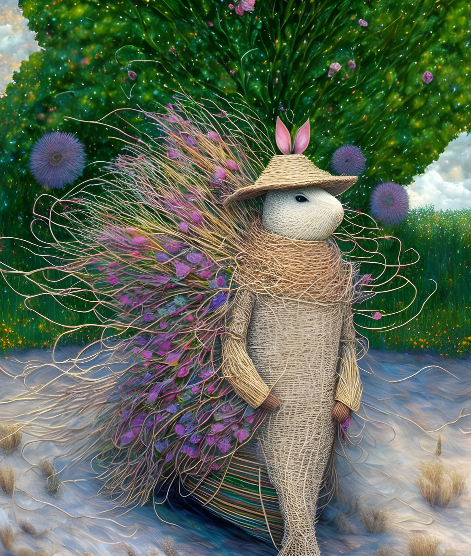 Anthropomorphic creature in textured garments amid vibrant floral backdrop