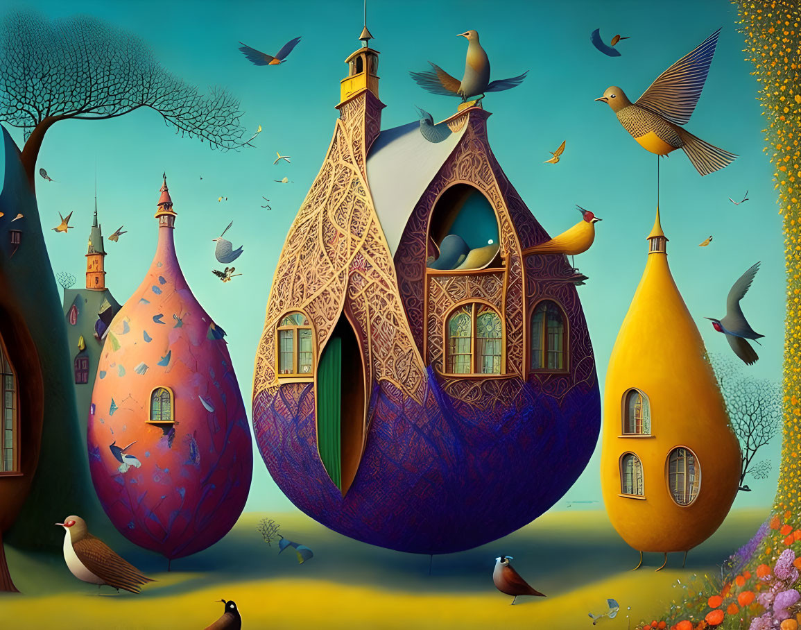 Vibrant Bird-Shaped Houses Illustration with Intricate Patterns