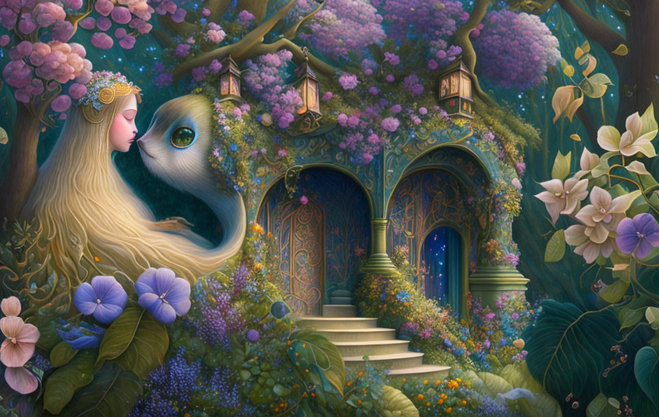 Illustration of woman with blonde hair and flower crown near black bird in mystical forest.