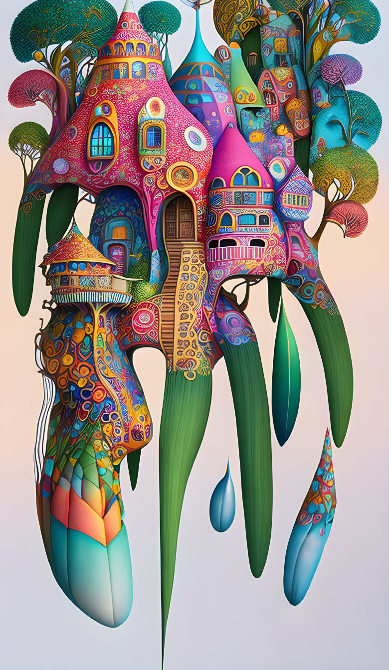 Fantastical tree illustration with colorful houses and intricate patterns