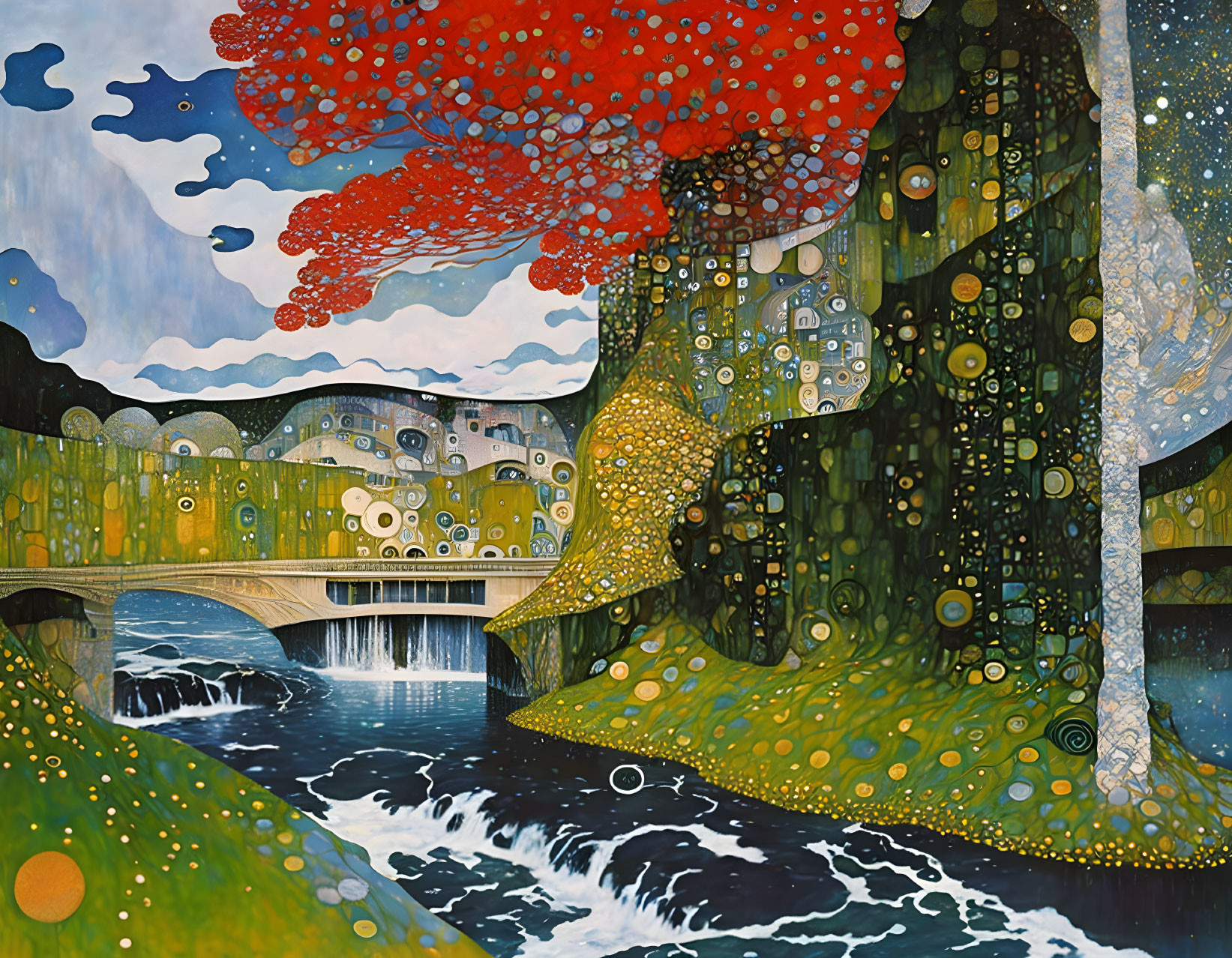 Surreal landscape painting: red tree, patterned cliff, bridge, river, polka-d