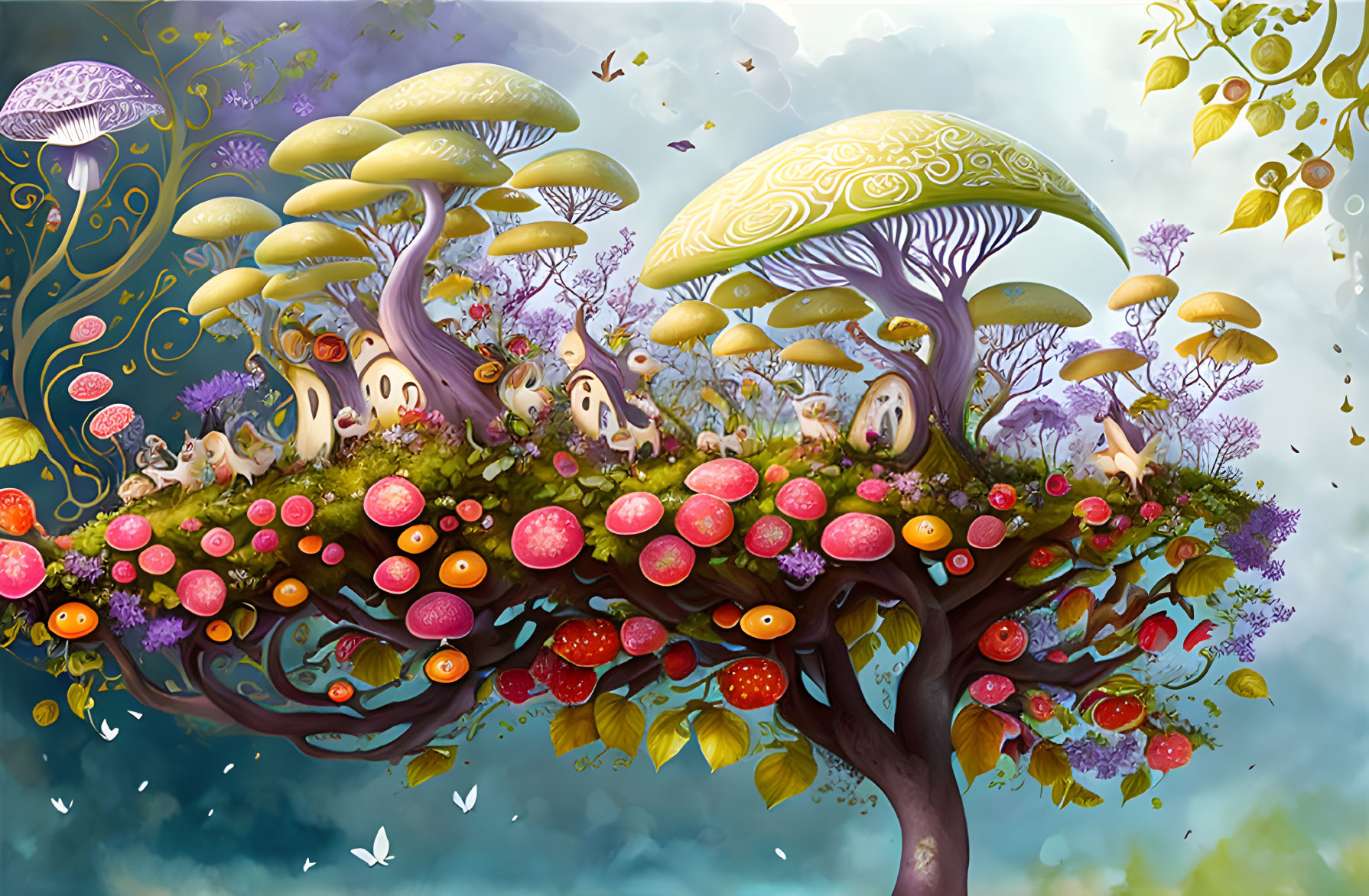 Colorful Fantasy Forest with Oversized Mushrooms & Magical Creatures