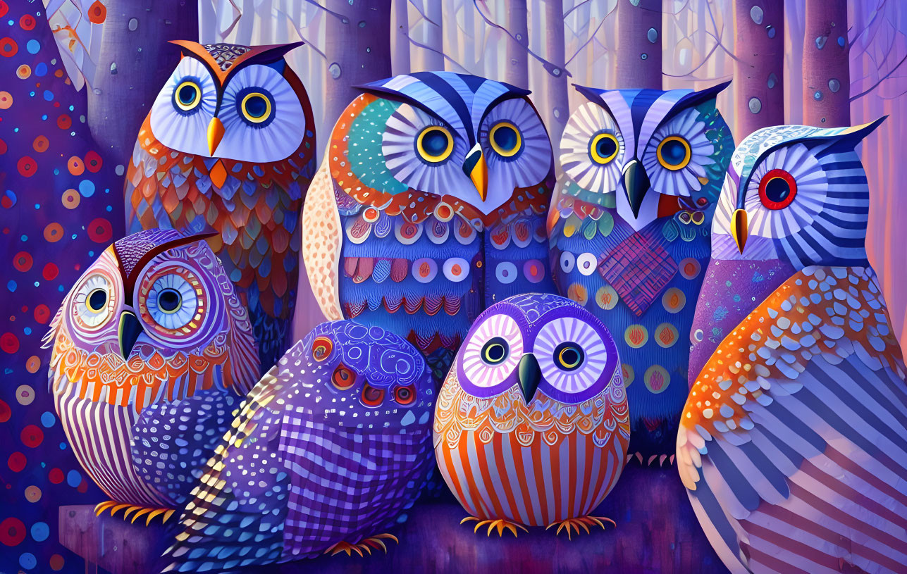 Vibrant Owl Illustrations in Night Forest Scene