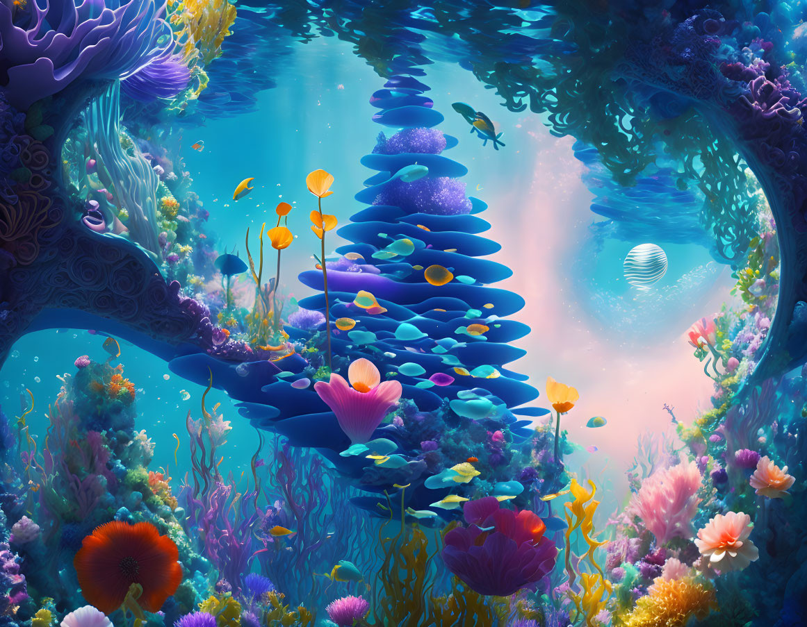 Colorful Coral and Fish in Whimsical Underwater Landscape