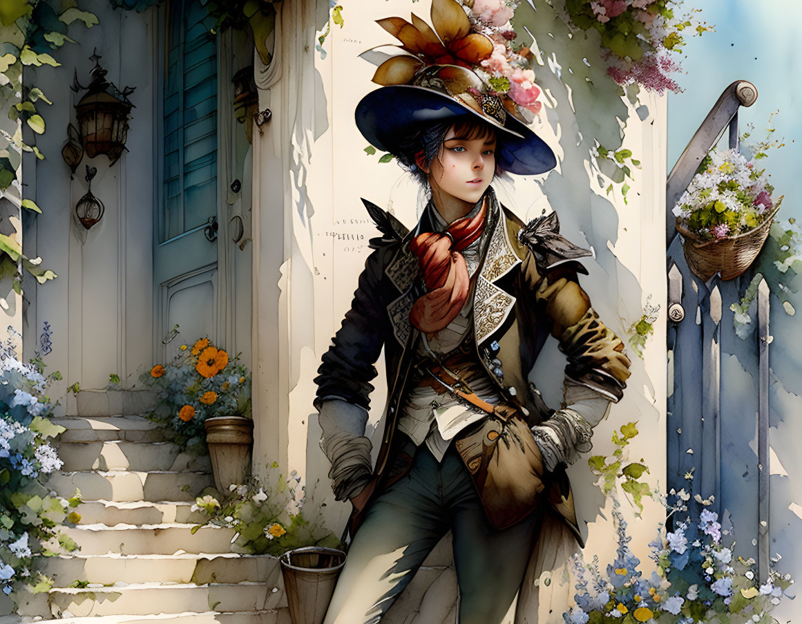 Historical woman in floral hat by blooming door and plants