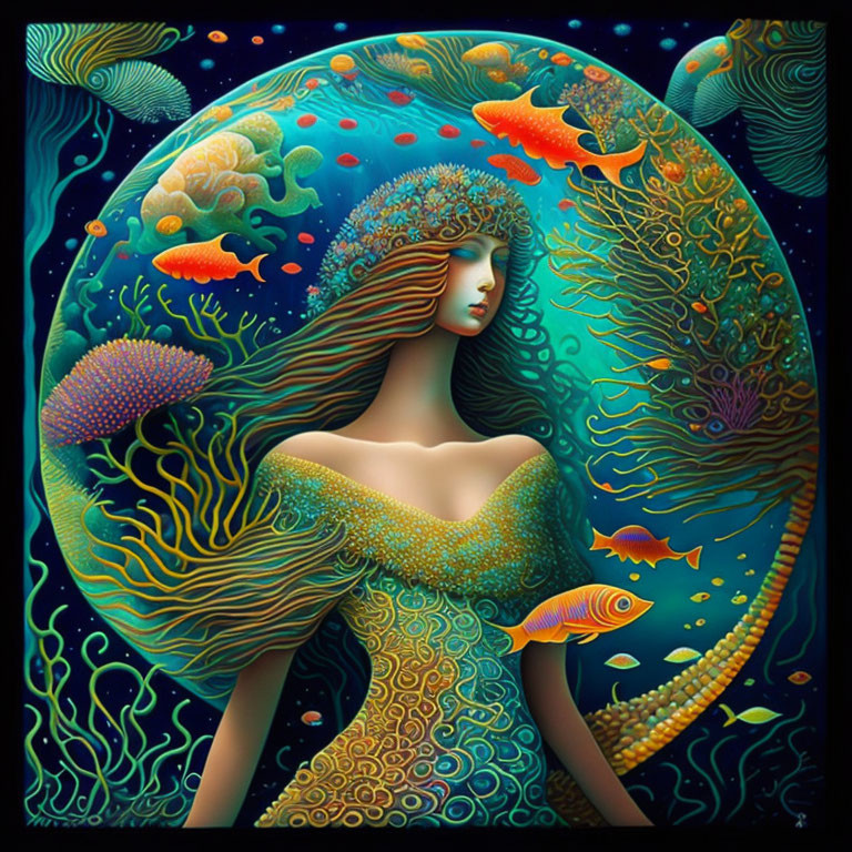 Woman merging with underwater scene with flowing hair and colorful fish.