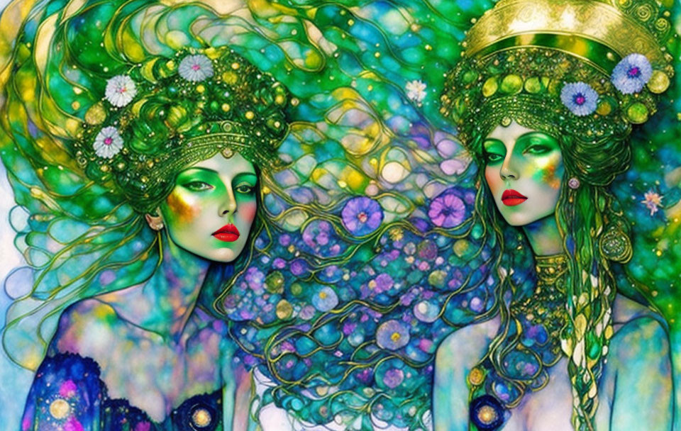 Ethereal women with ornate headpieces in vibrant green skin amid surreal backdrop.