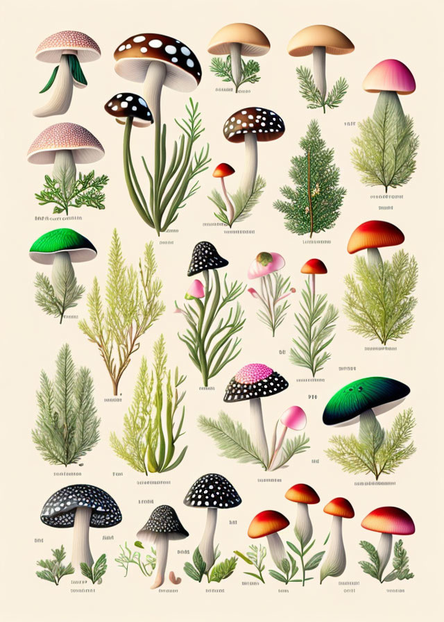 Detailed Vintage-Style Scientific Art of Labeled Mushrooms and Plants