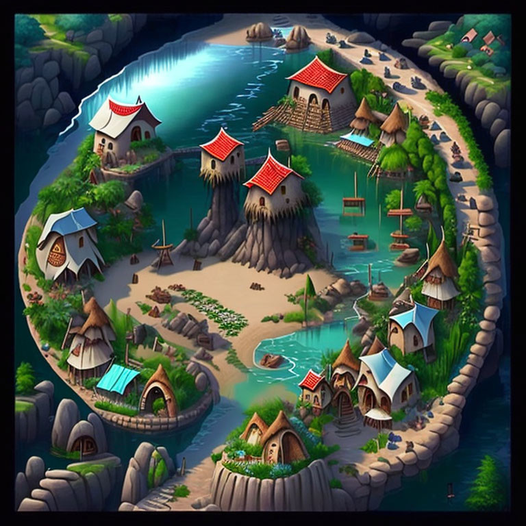 Whimsical village illustration with red roofs and serene waterways