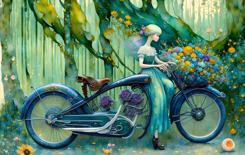 Surreal illustration: Woman in blue dress on stylized motorcycle in vibrant flower-filled forest