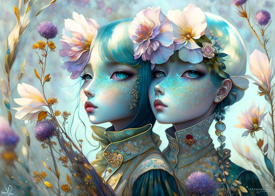 Ethereal female figures with blue hair and floral adornments in floral backdrop