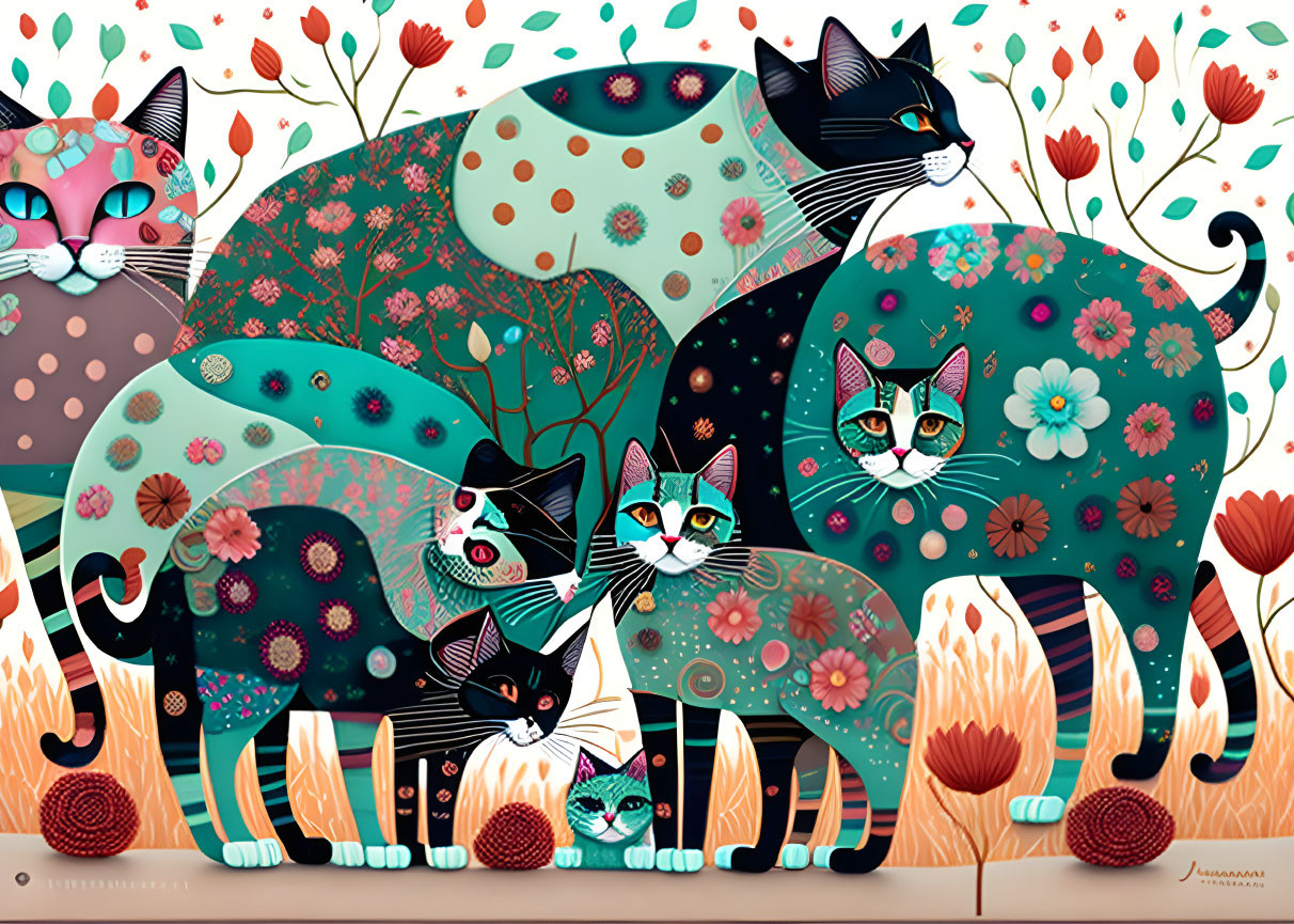 Vibrant Stylized Cats and Floral Patterns Artwork