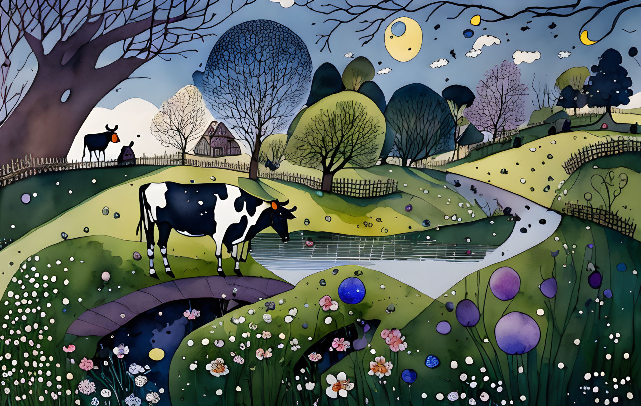 Countryside scene with cows, vibrant flora, stream, fences, sun, and moon