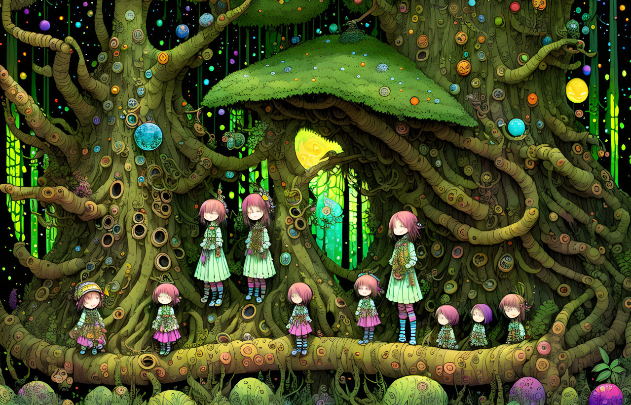 Fantasy illustration of pink-haired girls in magical forest.