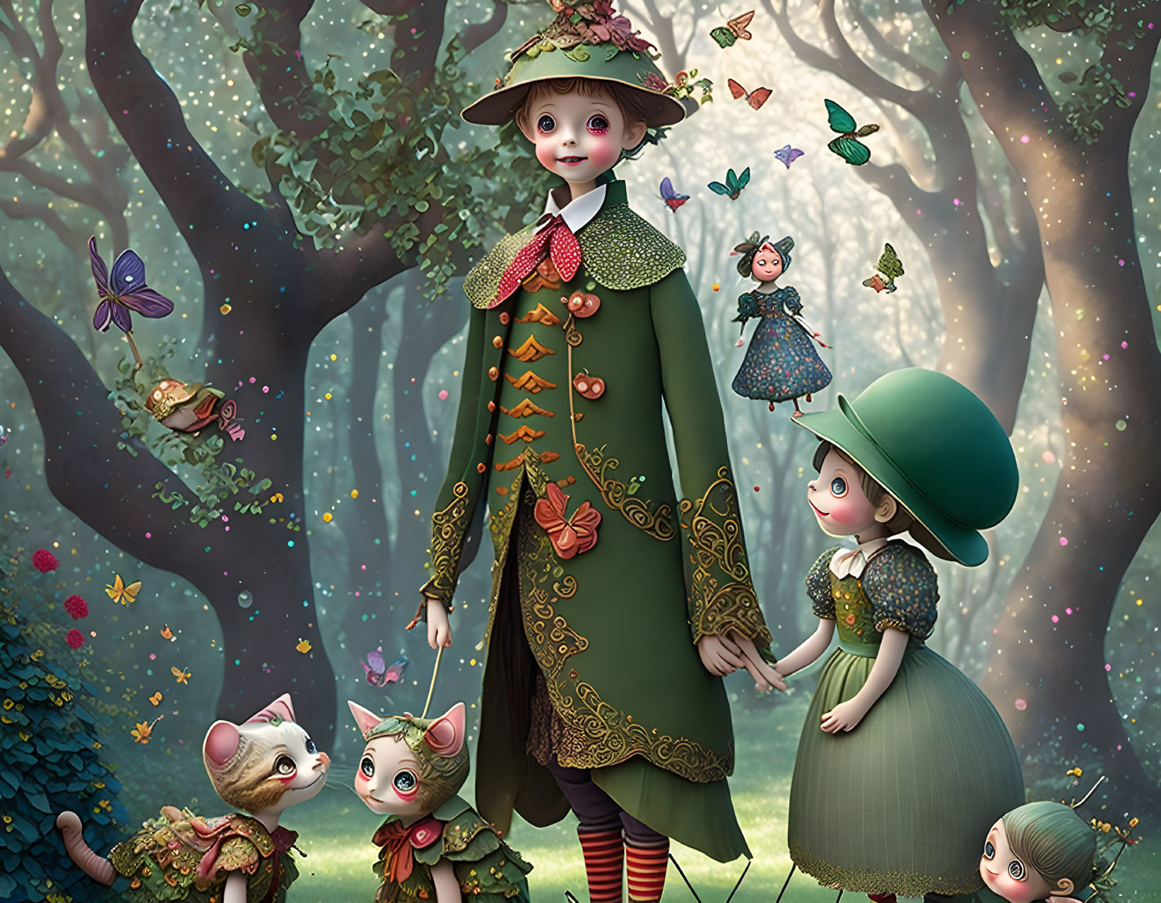 Whimsical forest illustration with anthropomorphic animals and playful children