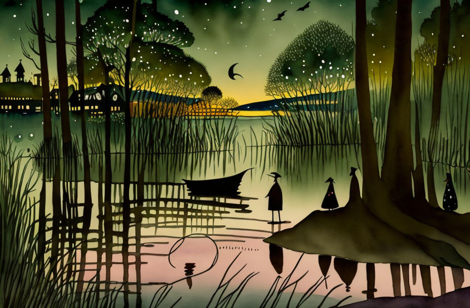 Illustrated night scene: lake, silhouettes, boat, castle, starry sky.