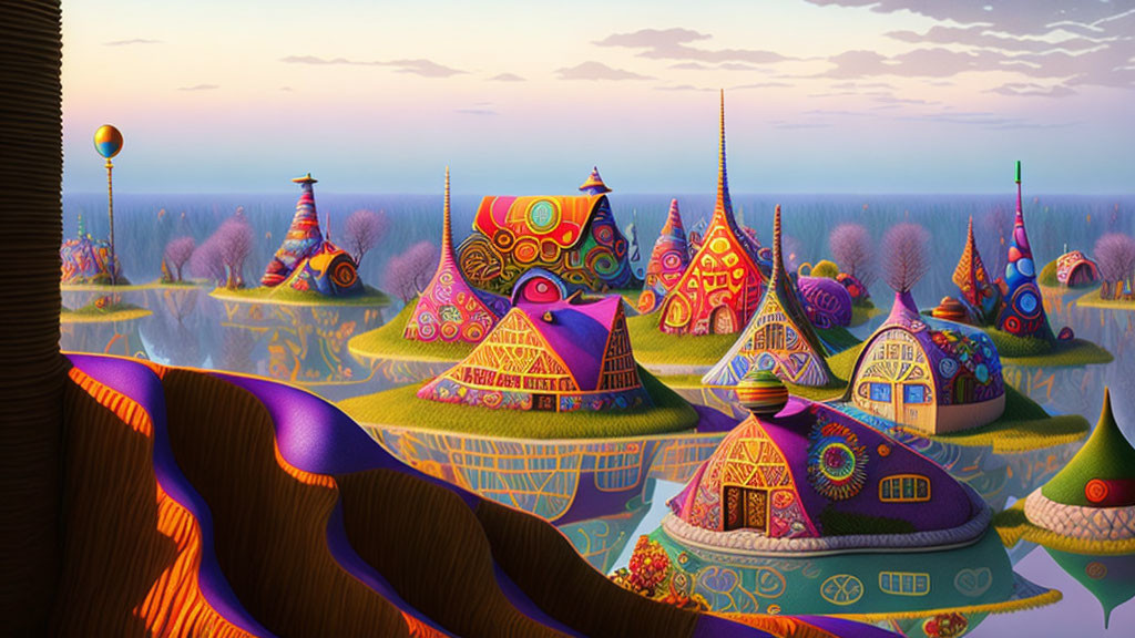 Vibrant landscape with patterned structures, trees, and hot air balloon at sunset