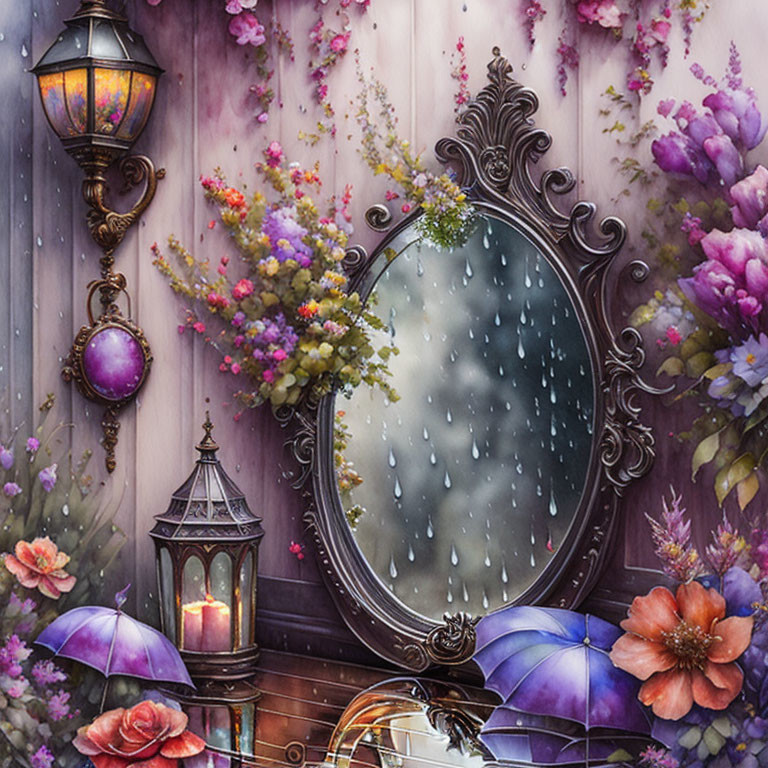 Vintage Mirror on Floral Wall with Lit Lanterns and Umbrellas in Rain