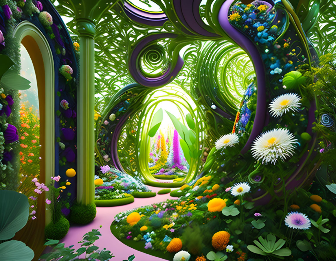 Colorful digital artwork of whimsical garden with floral archways and green structures