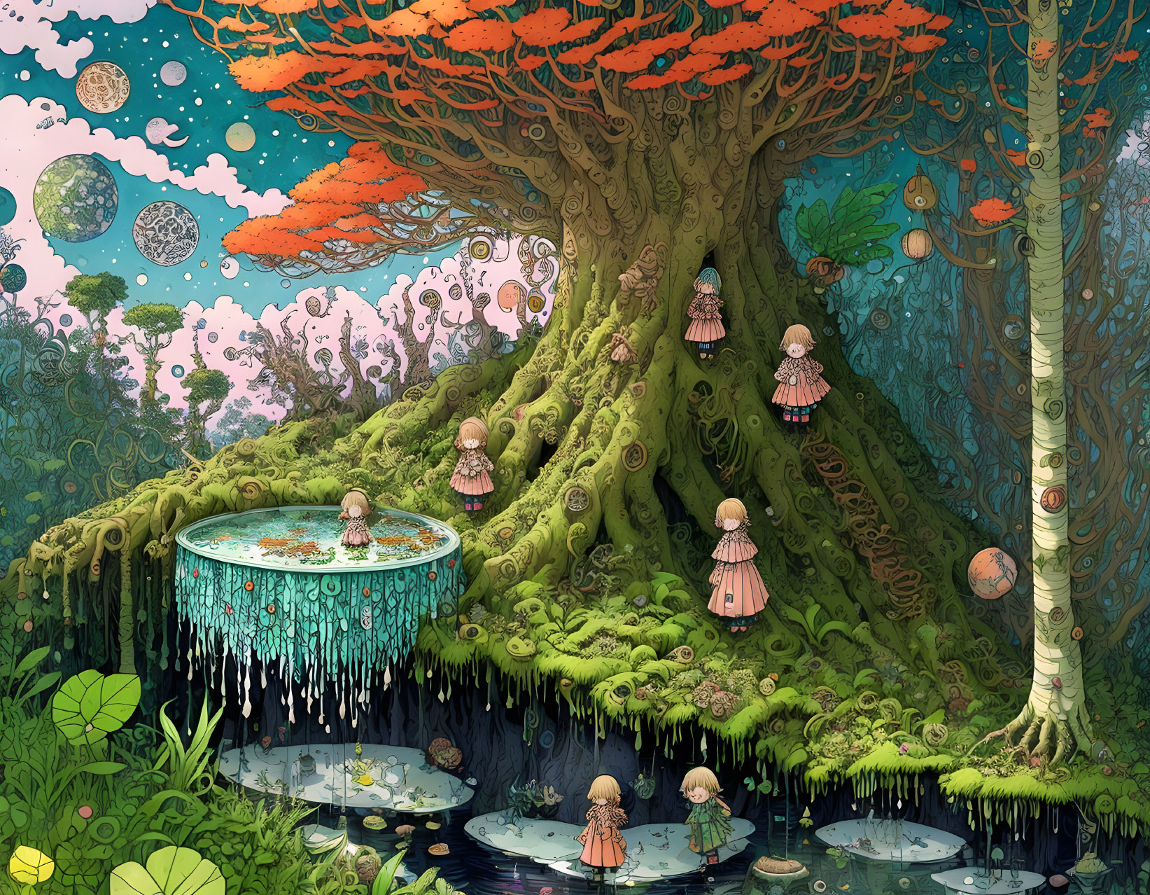 Vibrant fantasy landscape with large tree, lanterns, girls, orbs, and pond.