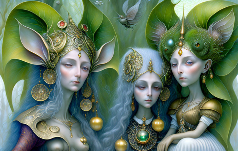 Ethereal figures with ornate headdresses in magical nature setting