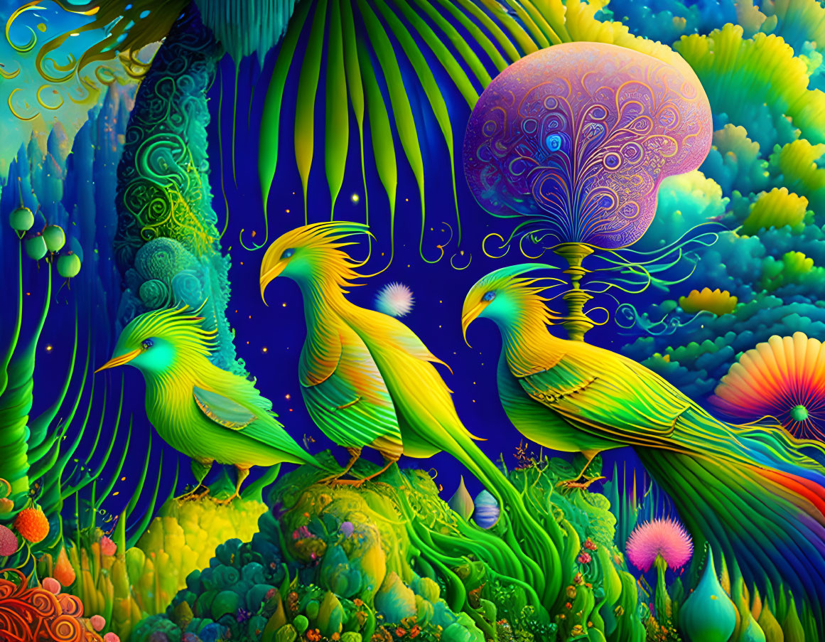 Colorful Fantasy Landscape with Stylized Birds and Whimsical Flora