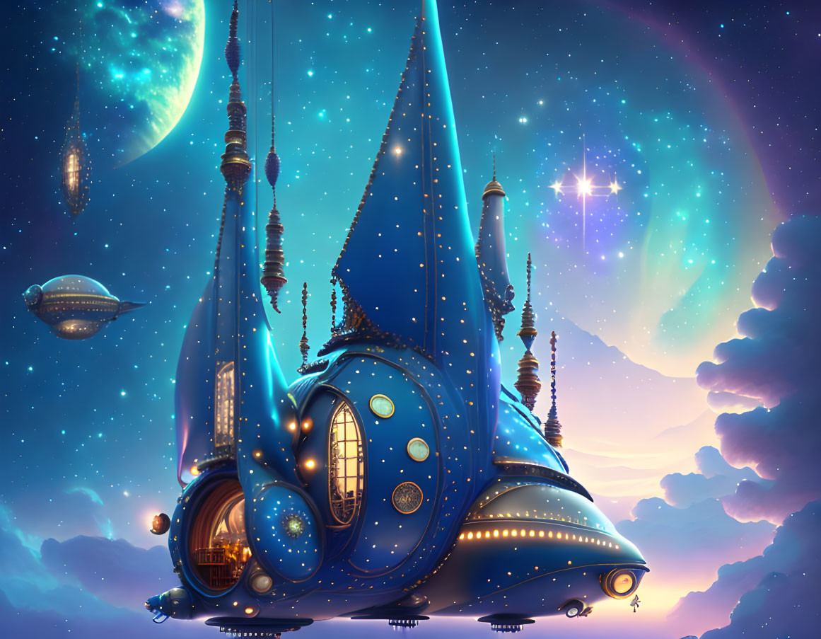 Fantastical blue castle illustration under night sky