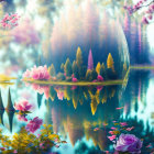 Tranquil lake scene with pine forest, heart shape, pink roses, and lilac flowers