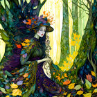 Illustration of woman with flower crown in lush, sunny forest