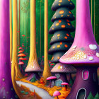 Colorful Fantasy Forest with Oversized Mushrooms and Whimsical Trees