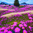 Colorful painting of purple flower field with swirling sky and central tree