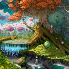 Vibrant fantasy landscape with large tree, lanterns, girls, orbs, and pond.