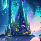 Fantasy landscape with luminescent trees and floating islands