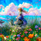 Illustration: Young girl in blue dress surrounded by vibrant flowers and whimsical creatures blending fantasy and nature