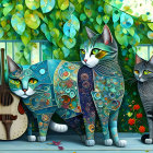 Five cats with unique markings and stringed instruments in a greenery backdrop.