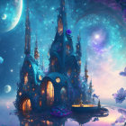 Fantasy landscape with glowing castle, oversized flowers, and floating orbs