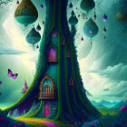 Whimsical forest with treehouses, lanterns, butterflies, and dynamic sky