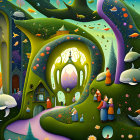 Colorful illustration: Children in fantastical landscape