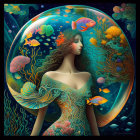 Woman merging with underwater scene with flowing hair and colorful fish.