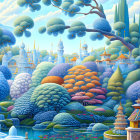 Colorful fantasy landscape with floating islands, mushroom-shaped trees, and domed palaces