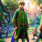 Colorful animated characters in enchanted forest with vibrant trees and whimsical fairy creatures.