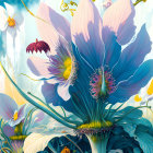 Colorful digital artwork of stylized fantastical flowers in blue, pink, and yellow