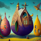 Whimsical teardrop-shaped houses in magical nature scene